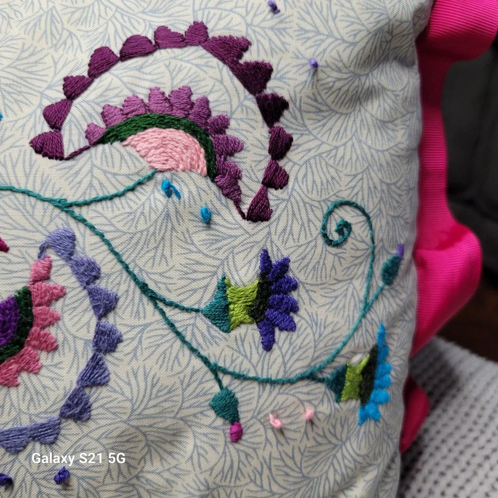 Handmade Embroidered Floral Pillow Denim Back Pink Ruffle Trim 17x12 Boho Accent